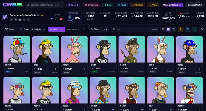 A screenshot of the ORBIS NFT marketplace showing the 'Bored Ape Solana Club' collection with various stylized ape avatars and their prices in Solana.
