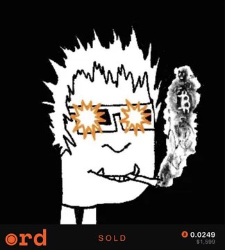 A cartoonish character with spiky hair and star-shaped sunglasses smokes a joint, with the text 'ord', 'SOLD', and a price of '0.0249 $1,599' displayed at the bottom.