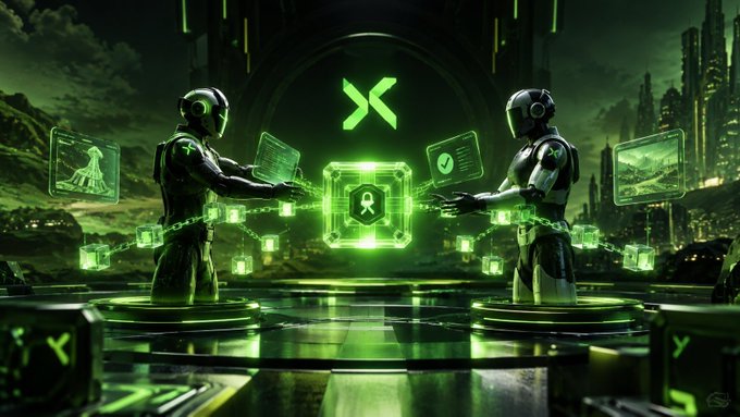 Two futuristic figures exchange a glowing green cube containing an "X" icon, connected by chains of luminous blocks, symbolizing Termix AI's agent interoperability. Floating holographic panels and a cityscape backdrop reinforce the concept of agents seamlessly delegating services to one another across a digital network.