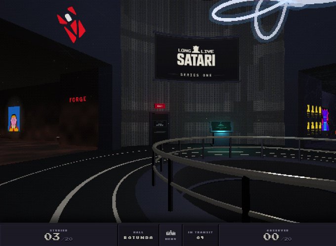 A screenshot from a 3D virtual environment or game showing a dark urban setting with a billboard displaying 'LONG LIVE SATARI SERIES ONE', a street with a car, and a status bar at the bottom showing Studio 03/20, Hall Rotunda, In Transit 09, and Observed 00/20.