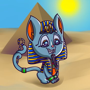 A cartoon-style illustration depicts a gray cat dressed as an Egyptian pharaoh, wearing a striped nemes headdress and standing in front of a pyramid in a desert with a bright yellow sun.