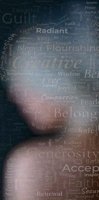 A word cloud background featuring words like 'Radiant', 'Creative', 'Compassion', 'Belonging', 'Generosity', 'Accept', and 'Faith' is overlaid on the faint silhouette of a person's face and shoulder.