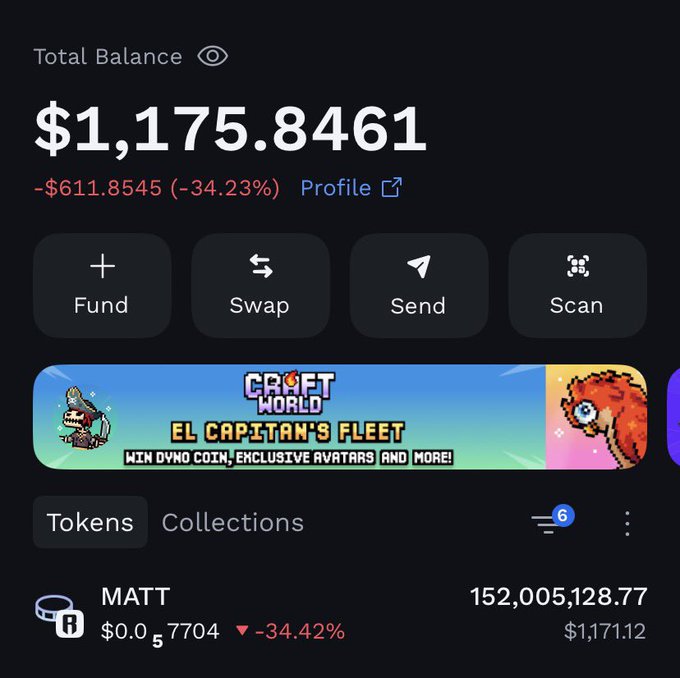 The image displays a crypto wallet showing a total balance of $1,175.8461 with a significant loss of -$611.8545 (-34.23%), featuring the MATT token down -34.42%. This visually supports the post's message about the MATT airdrop sell-off from Ronin Network users, illustrating the "bloody chart" and substantial losses the author is willing to absorb by being the exit liquidity for remaining holders.