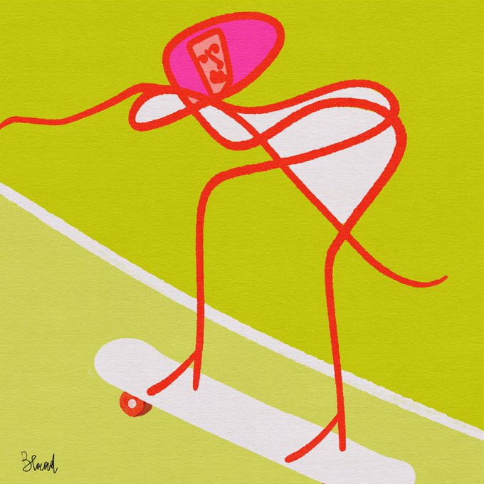 A stylized illustration of a skateboarder in red line work with a pink helmet on a yellow-green gradient background, signed "Brian Miller" in the bottom left.