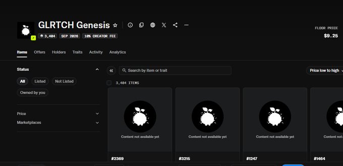 A dark-themed NFT marketplace page for the 'GLRTCH Genesis' collection, displaying 3,404 items with a floor price of $0.25, though the individual item content shows as 'Content not available yet'.