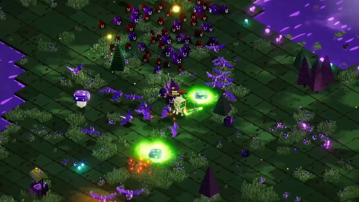 The image features an exciting 3D game called Voxie Tactics where players are trying to build a winning strategy within a virtual world of monsters and other creatures. There are numerous purple creatures in various locations, with some standing near each other on the green background. In this specific scene, there is a player's team standing in front of two purple dragons. One of them has an odd-looking staff that might come in handy during their adventures. The game appears to be a fun and engaging fantasy strategy game for players who enjoy immersive gameplay experiences with interesting elements like the use of green light effects on the monster figures or monster ships, adding depth and immersion to the virtual world.