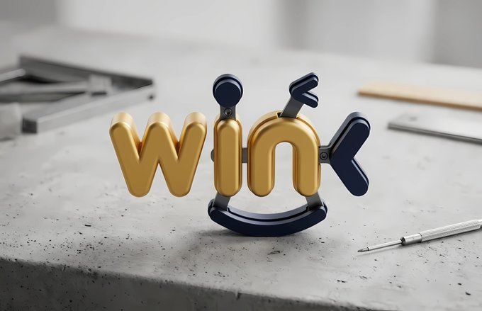 A 3D rendering shows the word 'win' in stylized yellow and blue letters with small figures forming the letters, sitting on a stone surface next to a watchmaker's tool.