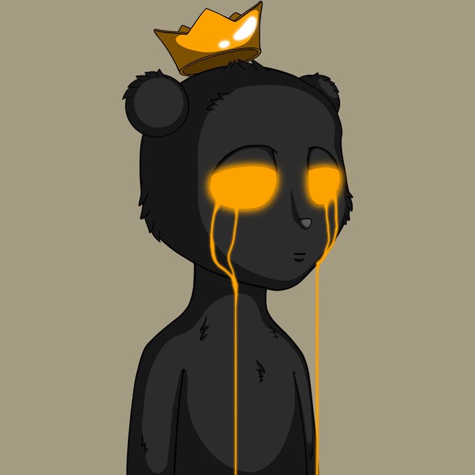 A dark, melancholic digital illustration of a black bear-like figure wearing a golden crown with glowing yellow tears streaming from its eyes.