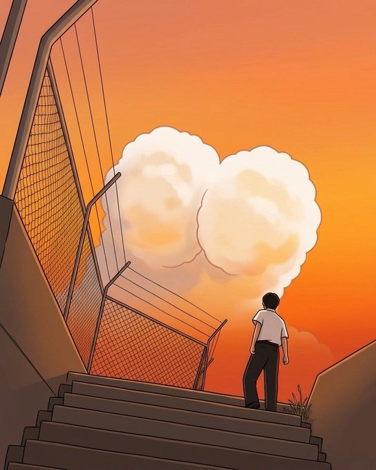 A lone figure stands on a staircase gazing up at a cloud shaped like buttocks against an orange sunset sky. The illustration's humorous silhouette aligns perfectly with the post's playful $Buttcoin memecoin, emphasizing the coin's "authentic" and inherently viral comedic aesthetic.