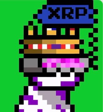 A pixel art character wearing a blue 'XRP' cap, colorful headband, and a purple and white outfit against a bright green background.