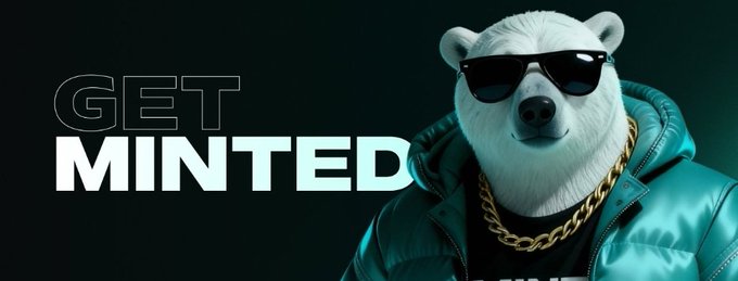 A 3D-rendered white polar bear wearing sunglasses, a gold chain, and a teal puffer jacket next to the text 'GET MINTED' on a dark background.