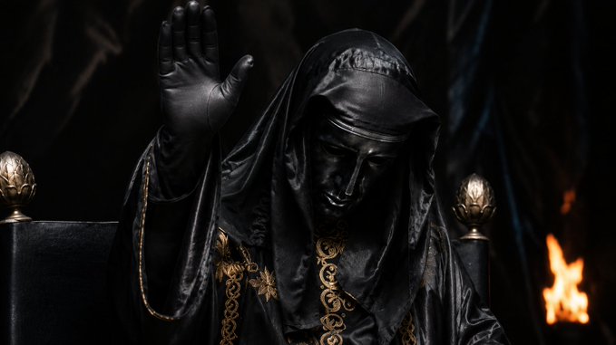 A dark statue of a veiled figure with one hand raised, adorned with gold chains and details, with flames visible in the background.