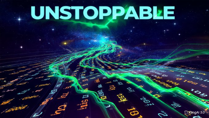 A digital artwork with the word "UNSTOPPABLE" in bold teal letters above a landscape of glowing green data streams and numbers flowing across a cosmic background.