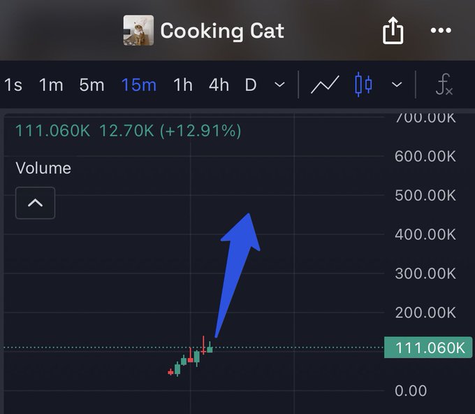 A Robinhood trading chart shows the Cooking Cat ($CKCAT) token with a volume of 111.060K, up 12.91% to 12.70K, with a blue arrow highlighting a recent upward breakout. The chart visually reinforces the post's theme of letting the "cat cook" as the price begins climbing toward the 500K-700K range.
