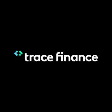 In the image, there's a logo for a company named "Trace Finance" against a black background. The text in the logo states that they raised $32M in Series A funding from various institutions including Coinbase, Paxos, and Chainlink Labs.