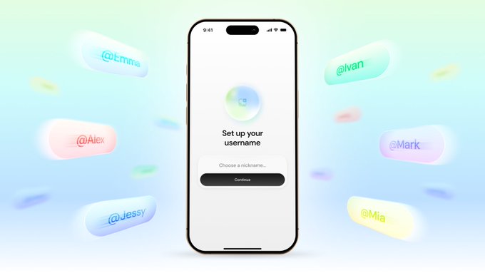 A smartphone mockup displaying a 'Set up your username' screen, surrounded by floating username tags like @Emma, @Ivan, @Alex, @Mark, @Jessy, and @Mia.