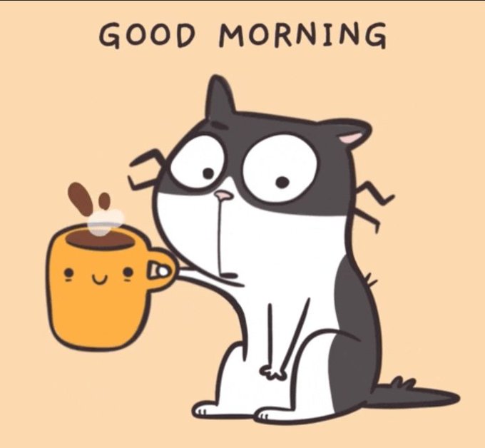 Cute cartoon illustration of a black and white cat holding a smiling cup of coffee with steam rising, with 'GOOD MORNING' text at the top.