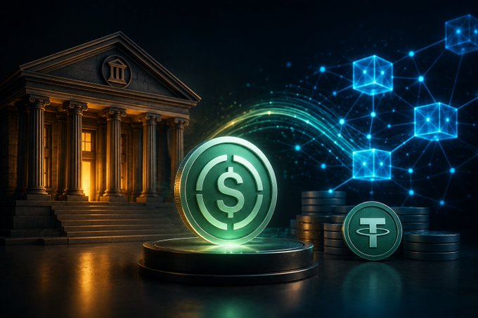 A digital illustration featuring a glowing green stablecoin and Tether coin in front of a classical bank building, with blue blockchain network nodes floating to the right.