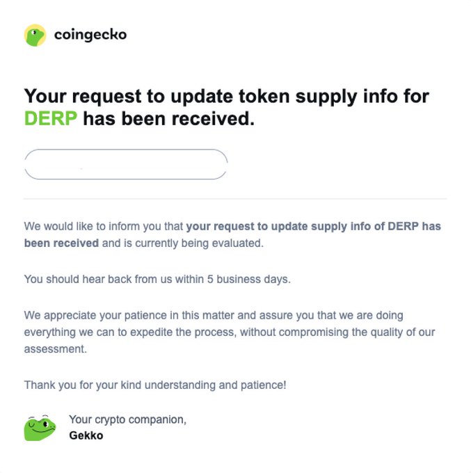 A confirmation email from CoinGecko stating that a request to update token supply info for DERP has been received and is being evaluated.