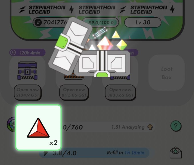 The image shows a screenshot of an app called "Stepnathon Legend", which appears to be a game or puzzle. The main focus of the image is a green triangle with a red border, located at the bottom left corner of the screen. This triangle has a number on it that says "2". There are also other elements in the image such as a text box and an envelope icon.