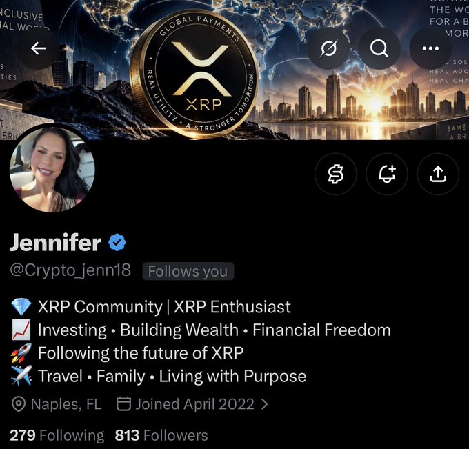 The image shows the Twitter (X) profile of Jennifer (@Crypto_jenn18), an XRP enthusiast with 813 followers based in Naples, FL, whose bio highlights her focus on investing, building wealth, financial freedom, and the future of XRP. The accompanying post celebrates her as a passionate community member and encourages support to help her reach 1,000 followers, as reflected in her current follower count shown in the profile.