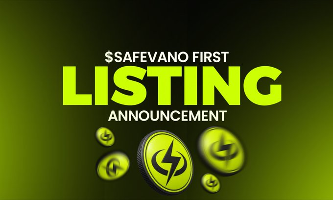 A promotional graphic with a green gradient background featuring 3D coins bearing a lightning bolt logo, announcing "$SAFE VANO FIRST LISTING ANNOUNCEMENT" in bold yellow and white text, teasing the cryptocurrency's upcoming debut on a top 10 CoinMarketCap exchange on August 7th.