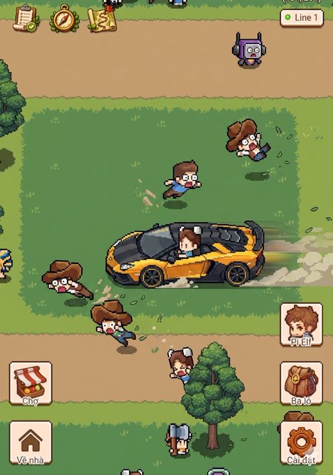 A pixel-art mobile game scene shows a character driving a yellow Lamborghini sports car on a grassy field, surrounded by small cowboy-hatted characters, with UI buttons labeled "Chợ," "Về nhà," "PTCT," "Balo," and "Cài đặt" — humorously illustrating the post's joke about owning a supercar but being placed on a pedestrian walking map.