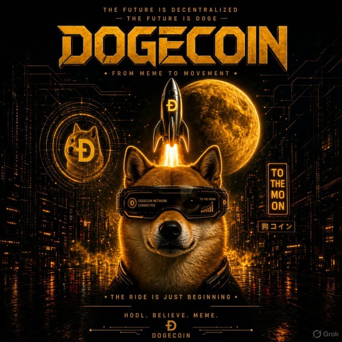 Dramatic poster-style graphic featuring Dogecoin (DOGE) with a Shiba Inu dog wearing VR goggles and a rocket launching, captioned 'THE FUTURE IS DECENTRALIZED' and 'TO THE MOON'.