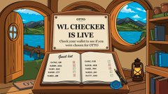 An illustrated scene shows a book with a sign reading 'OTTO WL CHECKER IS LIVE - Check your wallet to see if you were chosen for OTTO,' featuring a guest list with crypto wallet addresses, displayed in a cozy room with lake views through round windows.