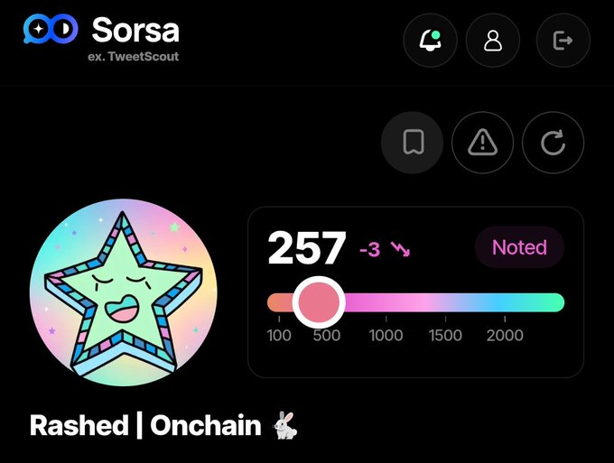 A profile screen for 'Sorsa (ex. TweetScout)' shows a colorful star avatar labeled 'Rashed | Onchain' with a score of 257 and a 'Noted' badge.