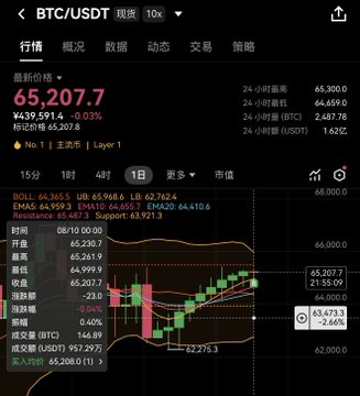A cryptocurrency trading app screen showing BTC/USDT spot price at 65,207.7 with a -0.03% change and 24-hour trading data.