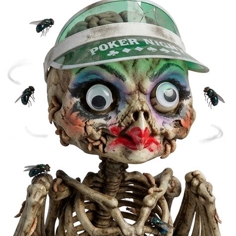A creepy skeletal figure with googly eyes, makeup, and a 'POKER NIGHT' visor, surrounded by flies on a white background.