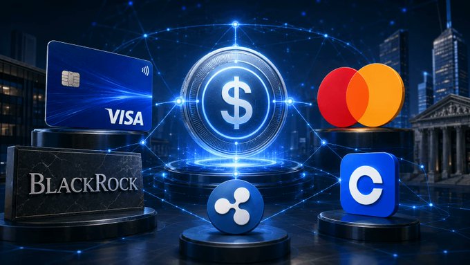 The image showcases logos of Visa, Mastercard, BlackRock, Ripple, and Coinbase surrounding a glowing dollar symbol, visually representing the convergence of major finance and crypto players. The floating digital display highlights the formation of the Open Standard OUSD stablecoin initiative, symbolizing the unified push toward modernized global payments.