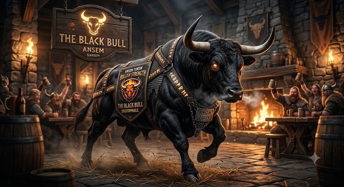 A dramatic digital illustration of a black bull with glowing eyes charging through a medieval tavern, with a hanging sign reading "THE BLACK BULL ANSEM" and patrons cheering in the background.