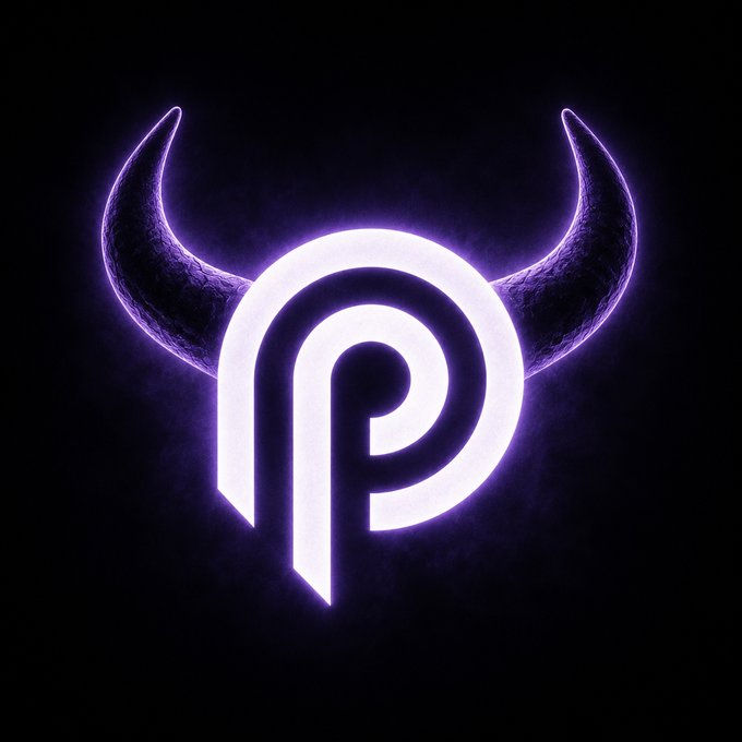 A glowing white stylized "P" logo with curved bull horns extending from its sides, set against a dark background with purple-lit smoke and texture.