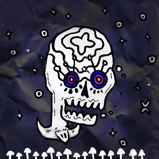 A dark, stylized digital drawing of a white skull with glowing purple and yellow eyes against a starry night sky, with mushrooms along the bottom.