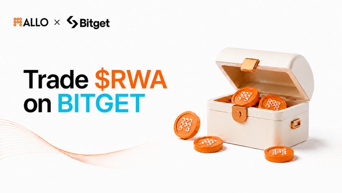 A promotional banner with 'ALLO × Bitget' branding, reading 'Trade $RWA on BITGET', featuring a cream-colored treasure chest filled with orange 'RWA' coins.