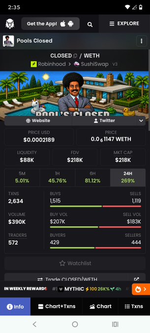 A mobile app screenshot of a 'Pools Closed' crypto token page on Robinhood/SushiSwap v3, showing a token called 'RONNIE'S PUNCH' with a market cap of $218K and various trading metrics.