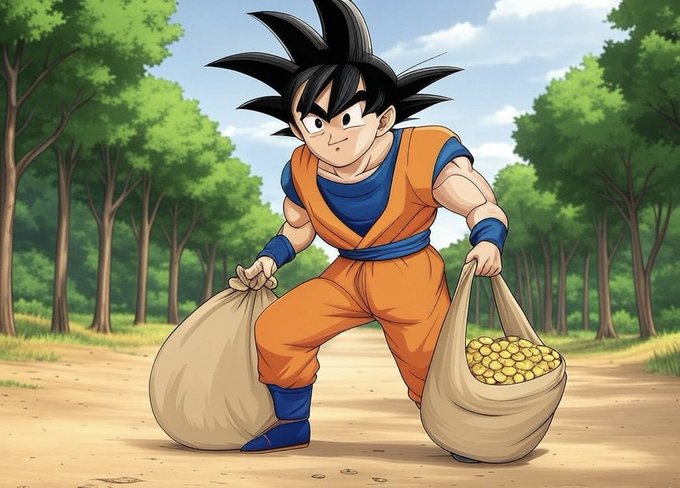The image features a cartoon character dressed as Dragon Ball Z with a black hair color wearing an orange suit holding two bags of coins. The background shows trees, suggesting that they are in a forest or park setting. The caption reads "SEIyan keep building for the future," which is related to the post about Sei bags swelling again and things getting better over time.