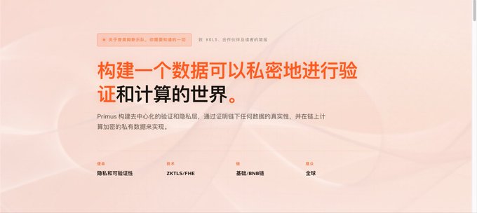 Website screenshot with Chinese text reading "构建一个数据可以私密地进行验证和计算的世界" (Building a world where data can be verified and computed privately) for a service called Primus using ZK and FHE cryptography.