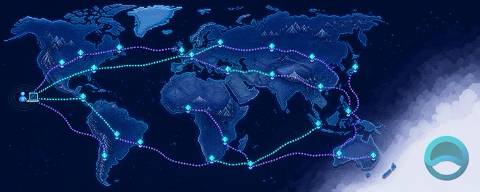 Stylized dark blue world map illustration showing network nodes connected by glowing dotted lines spanning across continents, with an ocean wave element in the lower right corner.