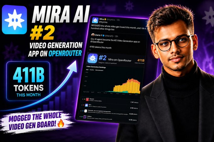 A YouTube thumbnail announcing 'MIRA AI #2 VIDEO GENERATION APP ON OPENROUTER' with 411B tokens this month, featuring a man in glasses.
