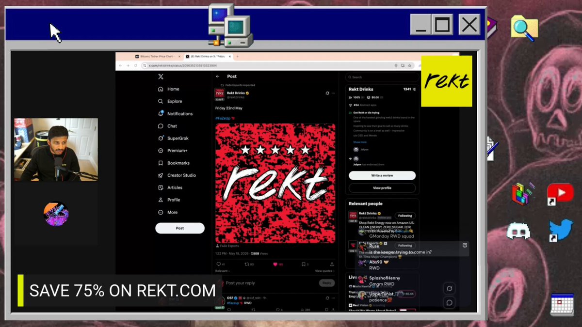 The image focuses on the sign of a Rekt logo, which appears next to a computer screen. The goal behind Rekt seems to be creating a genuine sense of belonging among its users by offering drinks for the token. This encourages people to share their experiences and engage with the brand, eventually building a strong fan base that supports the brand's sustainability over time.