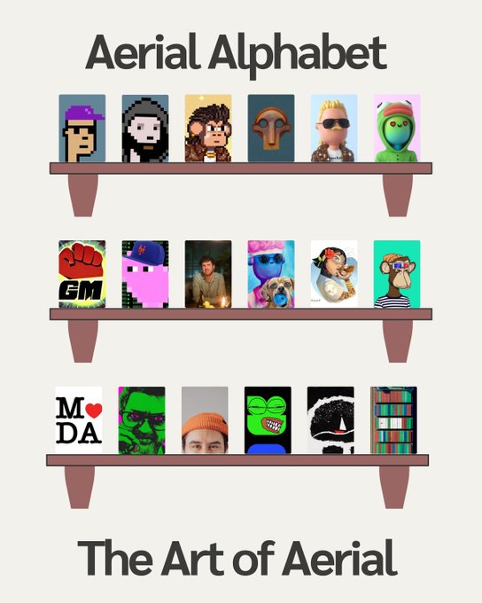 A digital artwork titled 'Aerial Alphabet' displaying pixel art characters representing letters A through R on shelves, with the text 'The Art of Aerial' at the bottom.