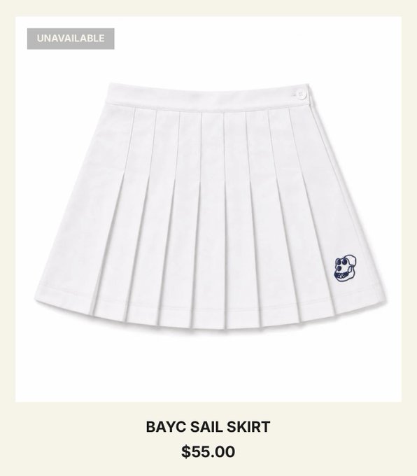 An online product listing for a 'BAYC SAIL SKIRT' priced at $55.00, marked as UNAVAILABLE, featuring a white pleated skirt with a small Bored Ape Yacht Club logo.