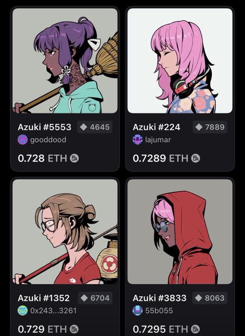 A digital marketplace interface showing four NFT avatars labeled 'Azuki #5553', 'Azuki #224', 'Azuki #1352', and 'Azuki #3833', each priced between 0.728 and 0.7295 ETH.
