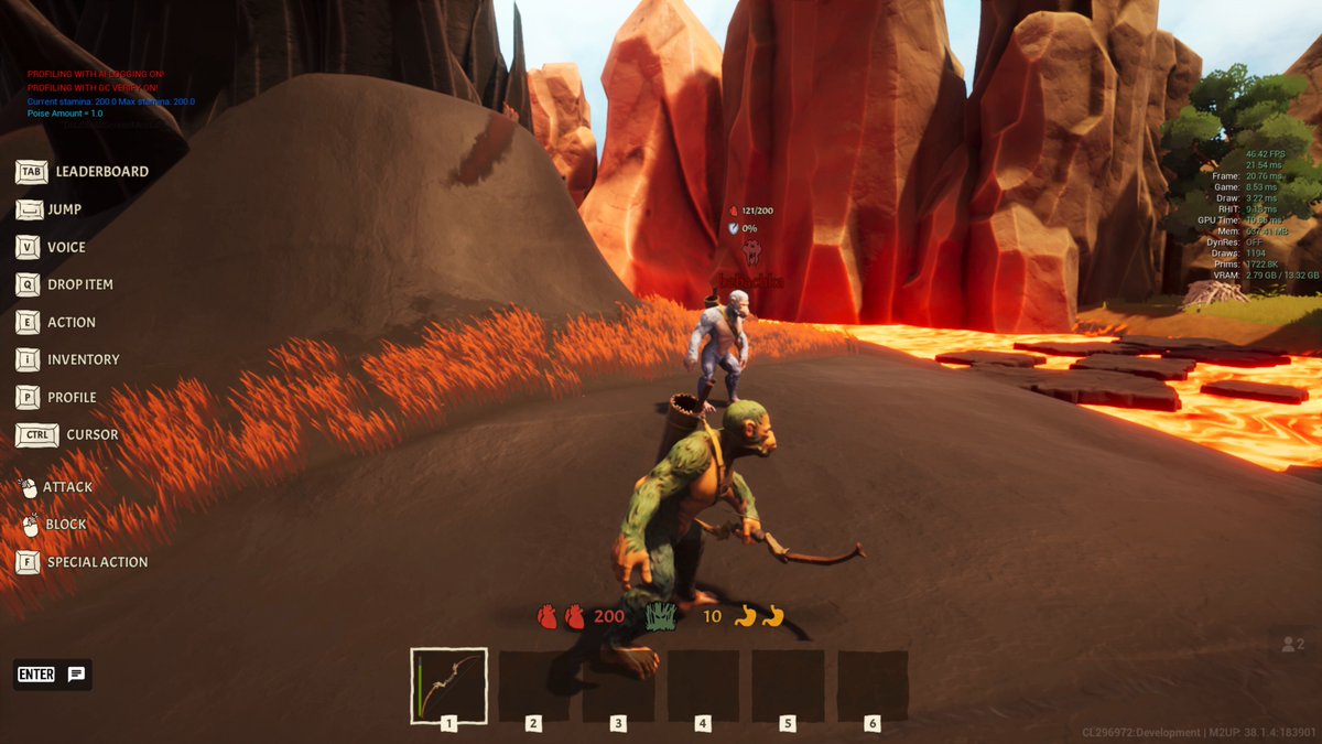 The image shows a character in a video game standing next to a mountain with a red rock cliff face. The character has a bow, which they are holding up high above their head. There is also a text overlay that reads "Bow Update is coming to @PrimalOtherside Now, attack power and speed are tied to the bowstring tension level More draw weight = More damage". This suggests that there might be an update available for the game, possibly related to the bow's functionality or performance.