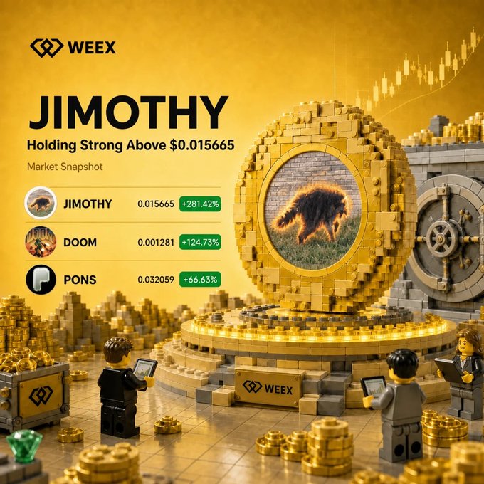 A WEEX market snapshot showing JIMOTHY holding strong above $0.015665 with a +281.42% gain, alongside DOOM at $0.001281 (+124.73%) and PONS at $0.032059 (+66.63%), depicted with a LEGO-style golden portal featuring a wild boar and miniature figures reviewing data on tablets.