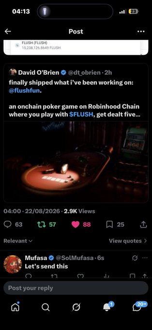 A mobile screenshot of a Twitter/X post by David O'Brien announcing the launch of an onchain poker game on Robinhood Chain using $FLUSH tokens.