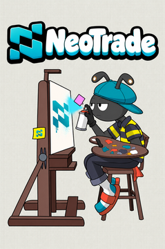 A logo for 'NeoTrade' featuring a cartoon bee-like character wearing a blue cap, holding a paintbrush and palette while sitting at an easel.
